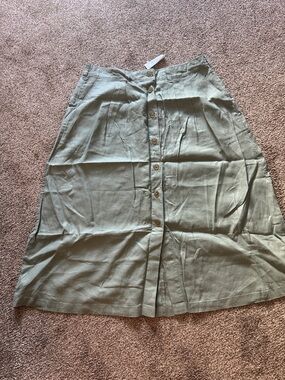 Button-Front Olive Green Linen A-Line Women's Skirt